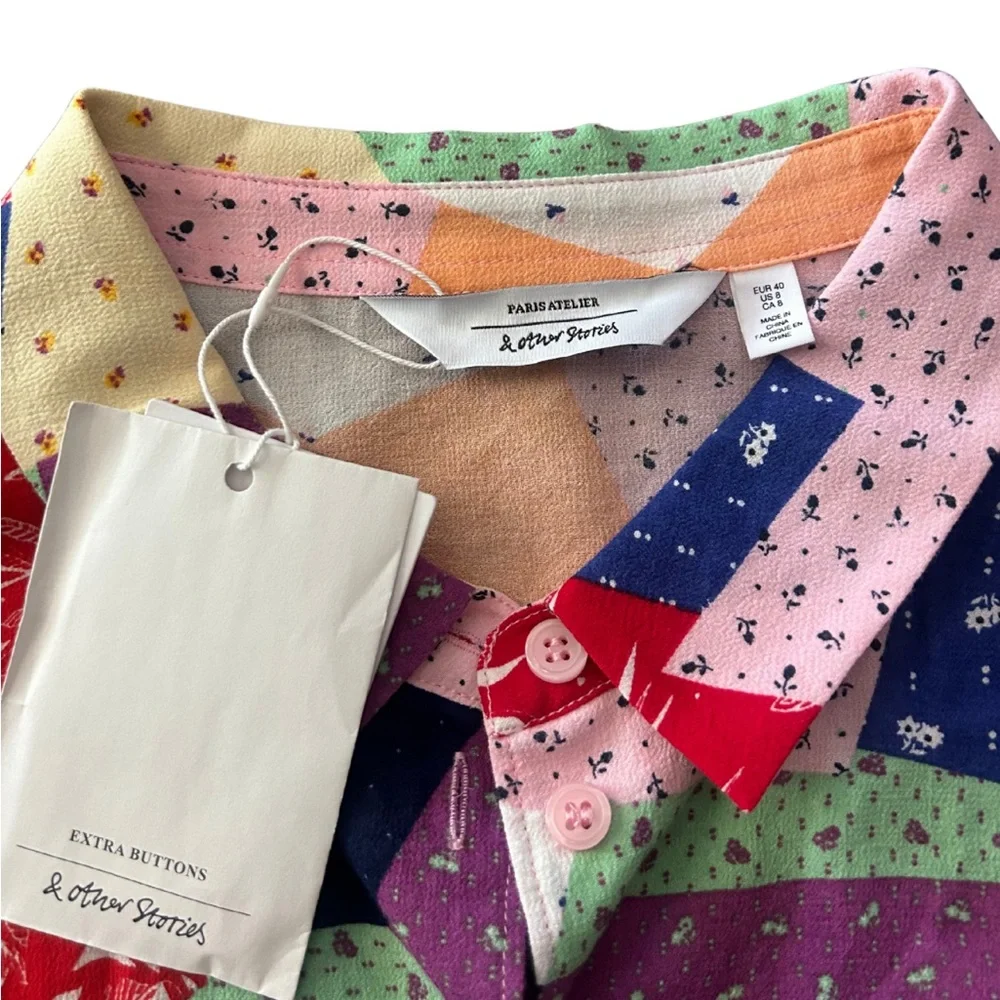 & Other Stories Patchwork Tie Button Down Shirt | NWT | Size 8 - Picture 4 of 7